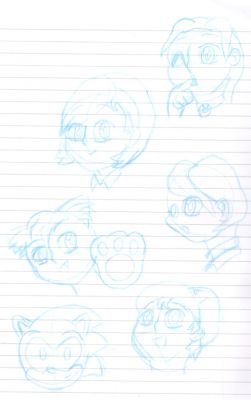 Blue Practise heads
Some faint (of course) blue pencil practise heads that was just me trying things out. There is a girl sucking her finger, a girl just smiling, either a cat boy or cat girl holding up there paw, a girl in glasses from the side, a Classic Sonic head and.. either a girl or guy in an army style cap (M.A.S.H. was on the TV at the time ^_^).

I guess nothing important or special.. but there you go
Keywords: Clean