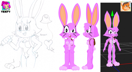 Kinky O'Bunbun design work
Just been released on Ero is my game 'Kinky's Carrot Hunt' which is a 3D maze game. And while not my first attempt at doing 3D, the first thing to come to anything really. The Player plays as this Pink Bunny, Kinky O'Bunbun.

Anyway.. This is just showing off a bit. First you see my original sketch for her design which isn't that fantastic, but wasn't meant to be a great bit of art, just a basic design, with some very basic notes. Second is two of the turn around sheet i design to show her in 3D for modelling. I'm more a fan of .. what some called low-poly (which is much higher then what i call low.. i'm an old fashion guy). I tried to start modelling her but i've never been that great with 3D modelling.. So step in JDragonDawn. He helped out and did that model of her. I then animated it and set it up for the game. He was more used to doing more polygons then this but I think he did a good job. Maybe he'll tell ya about it.

Anyway, the Game is for Ero-Mania so go there and join up if you want to play it.
Keywords: Ero-Mania Kinky 3D Clean