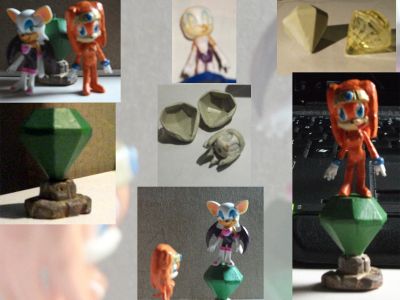 Custome Tikal Figure
okay around 2006, Discapa released a series of small (1.5 inch) Sonic X capsule toys for release in machines. I know they were released in the UK (£1 machines) and some of the text seams to show possible for release elsewhere in Europe... Anyway.. I was given some, turns out all but 1 (I got Sonic, Chris, Shadow, and 2 Rouges.. No Amy).. What was i going to do with 2 Rouges? i'm not a big fan of the character.. not my taste.. Tikal on the other hand... But Sega has NEVER made a Tikal figure, even though they have made TONS of Big and Froggy.

Anyway.. I made this Tikal from a Rouge Base, you can see some of the work as i stripped it down, made the chest into breasts, but then made them much smaller for Tikal, reshaped the tail, alot of work on the head, some wirecasing for the glove bands etc.. I didn't like to use the default base. It was part of the set of 5. Get all 5, and it builds into a round Sonic X logo.. What's the point of a 1/5th base for Tikal? So i used a Sonic X Action Figure Emerald to make a mold and i made a copy of it, then made two blobs on top of each other, which i filed like mad to make the stone bit. The Emerald was originailly removeable from that stone work, but the nail didn't work out the best, so i cut it down and glued the emerald in place. The Original figures couldn't really stand up on there own in the first place (well.. Rouge couldn't.. much smaller feet) and after removing the high heels and reshaping the feet a fair bit, Tikal sadly didn't want to stand right.. so using the little hole for the normal base, i put a pin in the emerald and bingo! Tikal can stand on the emerald (as any of the other figures can) or off from it. With the base, i think she is now about 3 inchs tall.

The Eyes and Mouth was a bugger, so after a talk with JDD, he pointed me to where someone was selling a pack of Inkjet Decal paper. So using my inkjet photoprinter (a normal one will do) i printed my style eyes and mouth, waited about an hour, cut them out and applied, with some varnish to help them and look great.

Yep, when all painted, it's great.. Sorry the Photos aren't the best, but my Cameras didn't seam to want to take Micro Shots.. i'll have to try again sometime. I did this photos showing her with the Rouge so you can compare. She looks great as a Nudie Tikal. Maybe someday, i'll get some cheap parts to make a fuller sized Tikal.. Or Sega will bother to make a good Tikal Plush or figure.. doubt that though..

Anyway, I hope it looks okay to you guys. My first time really ^_^;
Keywords: Tikal Figure